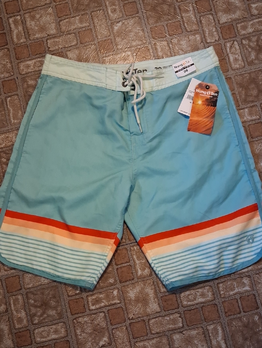 Hang Ten Men's Aqua Board Shorts with Orange and Cream Stripe Accent